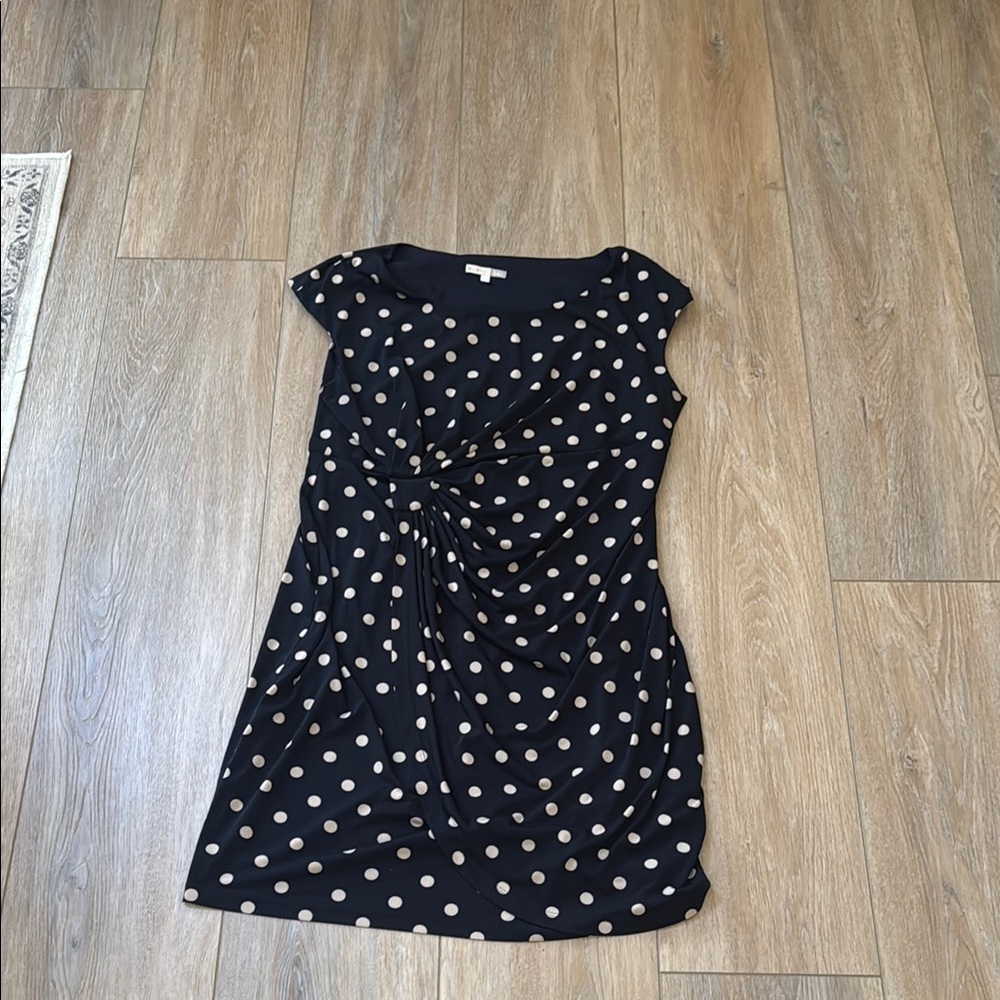 Navy and Tan Dots Cap Sleeve Sheath Mini Dress